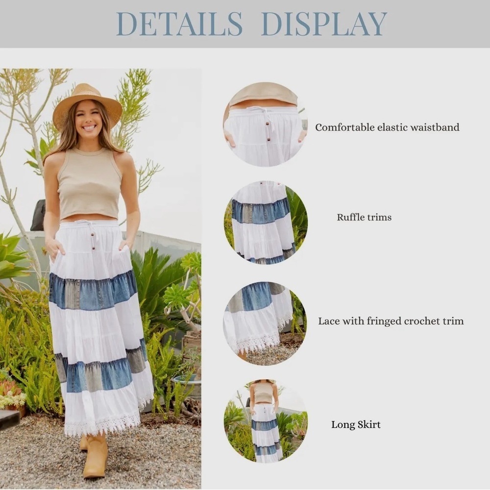 Bohemian White and Denim Tiered Maxi Skirt - Picture 6 of 7